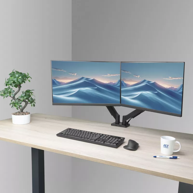 ACT Monitorarm 35 Zoll, Gasfeder, 2 Monitore, Essentials, Klemme/Tischdurchführung, 18 kg, 43,2 cm (17 Zoll), 88,9 cm (35 Zoll), 100 x 100 mm, Schwarz