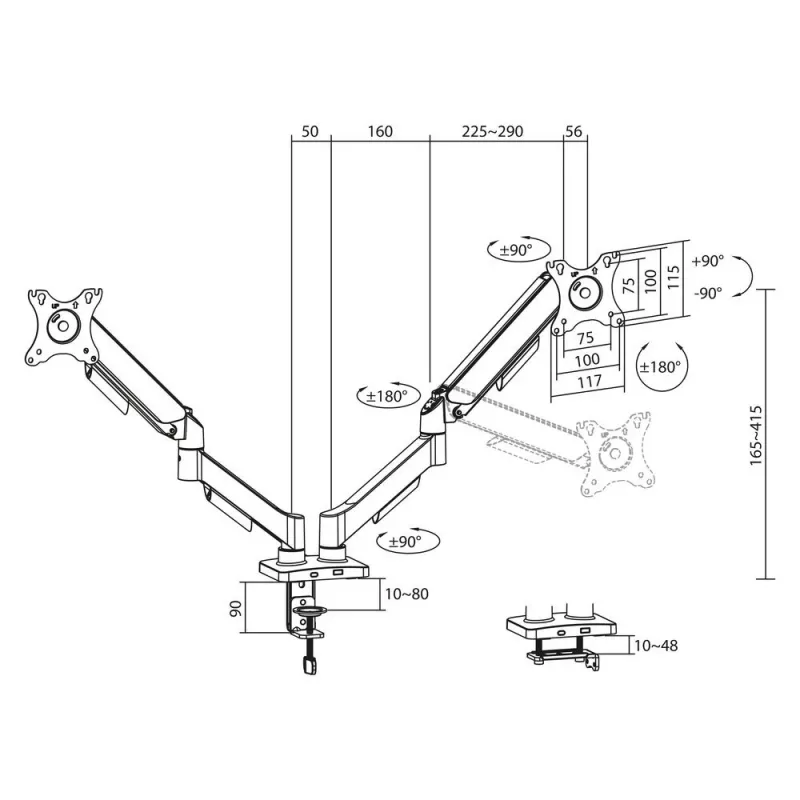 ACT Monitorarm 35 Zoll, Gasfeder, 2 Monitore, Essentials, Klemme/Tischdurchführung, 18 kg, 43,2 cm (17 Zoll), 88,9 cm (35 Zoll), 100 x 100 mm, Schwarz