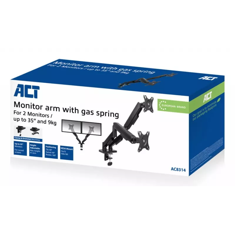 ACT Monitorarm 35 Zoll, Gasfeder, 2 Monitore, Essentials, Klemme/Tischdurchführung, 18 kg, 43,2 cm (17 Zoll), 88,9 cm (35 Zoll), 100 x 100 mm, Schwarz