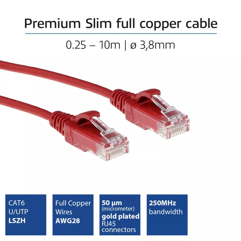 ACT Red 3 Meter LSZH U/UTP CAT6 Datacenter Slimline Patchkabel snagless mit RJ45-Steckern