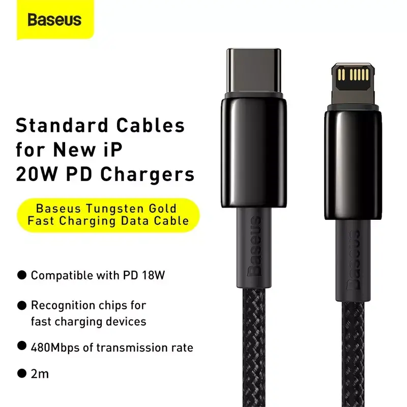 Kabel Baseus Tungsten Gold 2 m Schwarz Lightning USB C