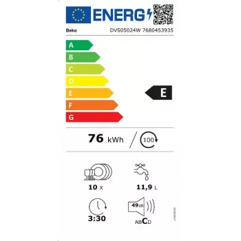 Schmale freistehende Spülmaschine BEKO DVS05024W — 10 Maßgedecke, 45 cm, 49 dB, Energieklasse E