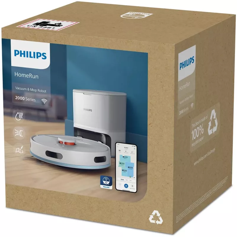 Saugroboter Philips XU2100/20 — runde LDS-Navigation, 2700 Pa Saugleistung, 130 min Laufzeit, selbstentleerende Basisstation, 3 L Basis-Staubbeutel, 0,38 L Staubbehälter, Li-Ion 2600 mAh