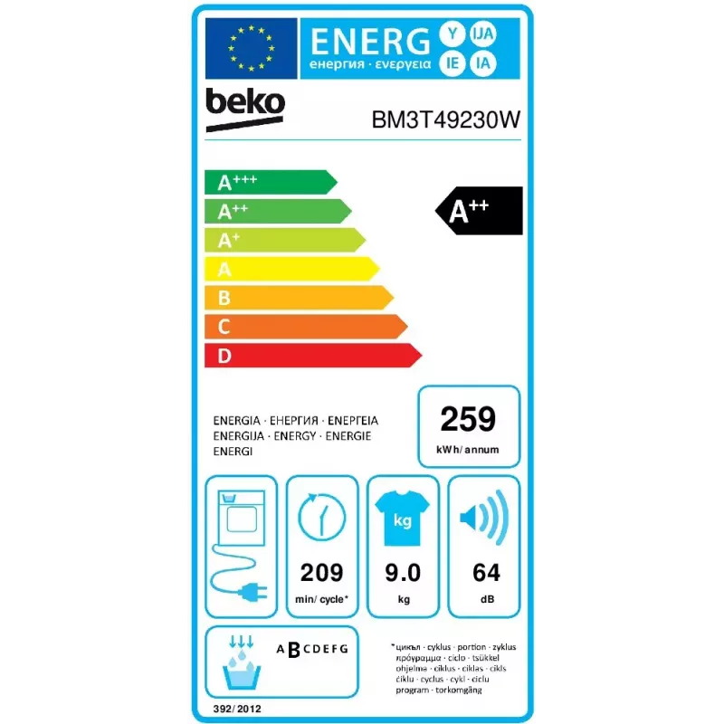 Beko BM3T49230W Wäschetrockner Freistehend Frontlader 9 kg A++ Weiß