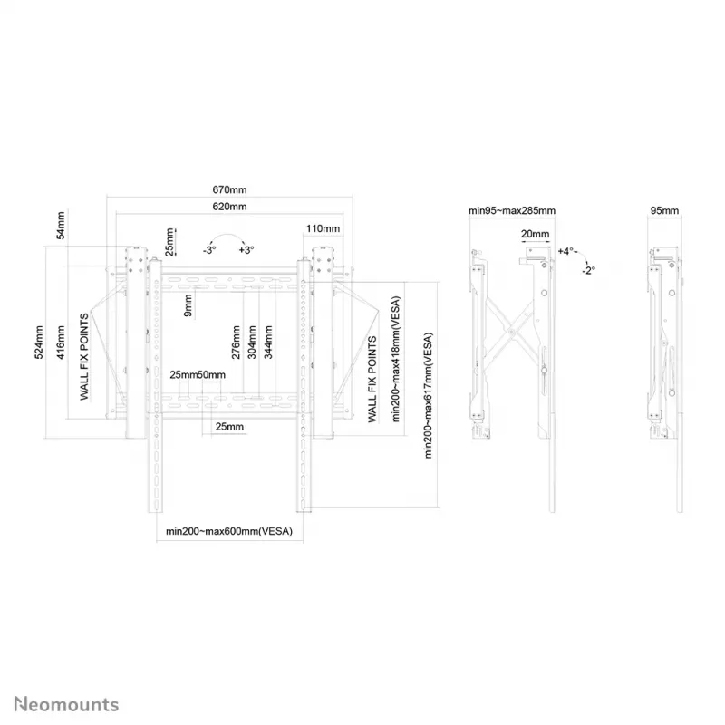 Neomounts Videowandhalterung, 70 kg, 81,3 cm (32 Zoll), 190,5 cm (75 Zoll), 200 x 200 mm, 600 x 600 mm, 0 - 6°