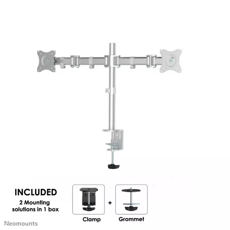 Neomounts NM-D135DSILVER Monitorhalterung 10-27 Zoll, Tischklemme/Tischdurchführung, 8 kg, 25,4 cm (10 Zoll), 68,6 cm (27 Zoll), 100 x 100 mm, Silber