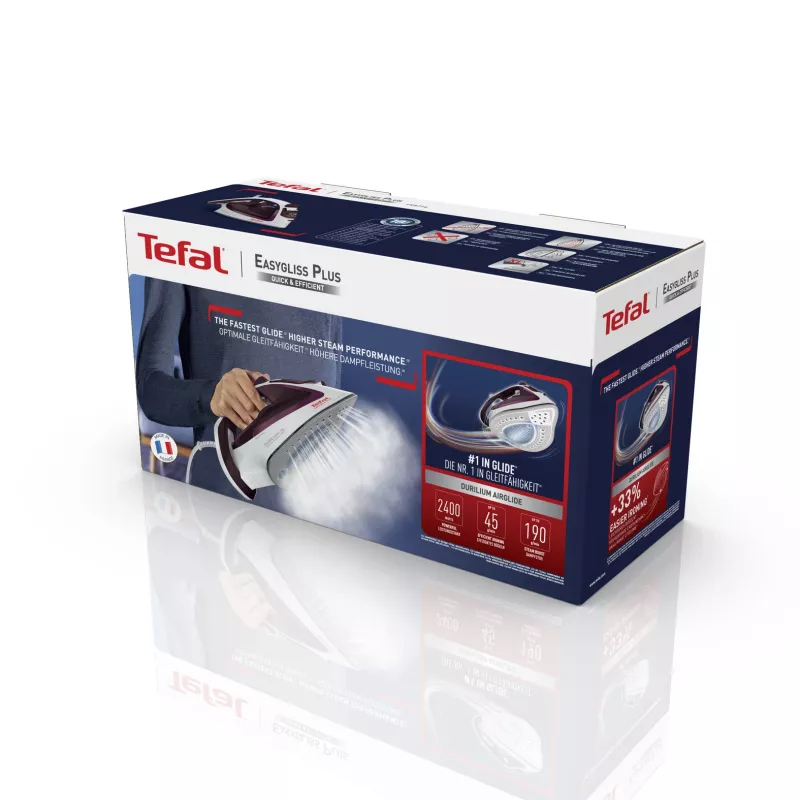 Tefal EasyGliss Plus FV5714 Bügeleisen Trocken- und Dampfbügeleisen Durilium-Bügelsohle 2400 W Bordeaux, Weiß