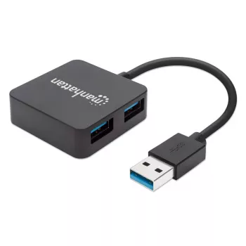 Manhattan USB-A 4-Port Hub, 4x USB-A Ports, 5 Gbps (USB 3.2 Gen1 aka USB 3.0), USB-betrieben (kein externes Netzteil erforderlich). Schnellladung: 1 Port bis zu 0,9 A; Laden an 4 Ports erfordert externes Netzteil (nicht im Lieferumfang enthalten), Entspricht ST4300MINU3B