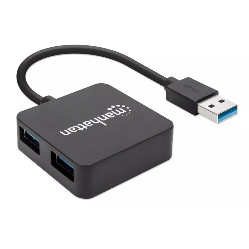 Manhattan USB-A 4-Port Hub, 4x USB-A Ports, 5 Gbps (USB 3.2 Gen1 aka USB 3.0), USB-betrieben (kein externes Netzteil erforderlich). Schnellladung: 1 Port bis zu 0,9 A; Laden an 4 Ports erfordert externes Netzteil (nicht im Lieferumfang enthalten), Entspricht ST4300MINU3B