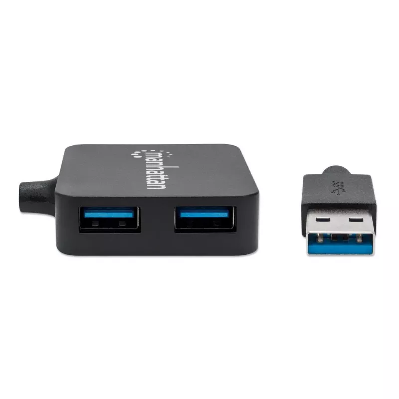 Manhattan USB-A 4-Port Hub, 4x USB-A Ports, 5 Gbps (USB 3.2 Gen1 aka USB 3.0), USB-betrieben (kein externes Netzteil erforderlich). Schnellladung: 1 Port bis zu 0,9 A; Laden an 4 Ports erfordert externes Netzteil (nicht im Lieferumfang enthalten), Entspricht ST4300MINU3B