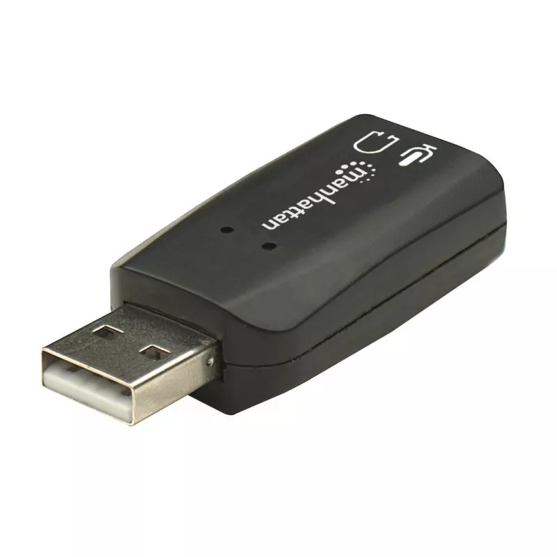 Manhattan USB-A Sound Adapter, USB-A auf 3,5 mm Mikrofon-Eingang und Audio-Ausgang, 480 Mbit/s (USB 2.0), unterstützt 3D und virtuellen 5.1 Surround Sound, Hi-Speed USB, Schwarz, Drei Jahre Garantie