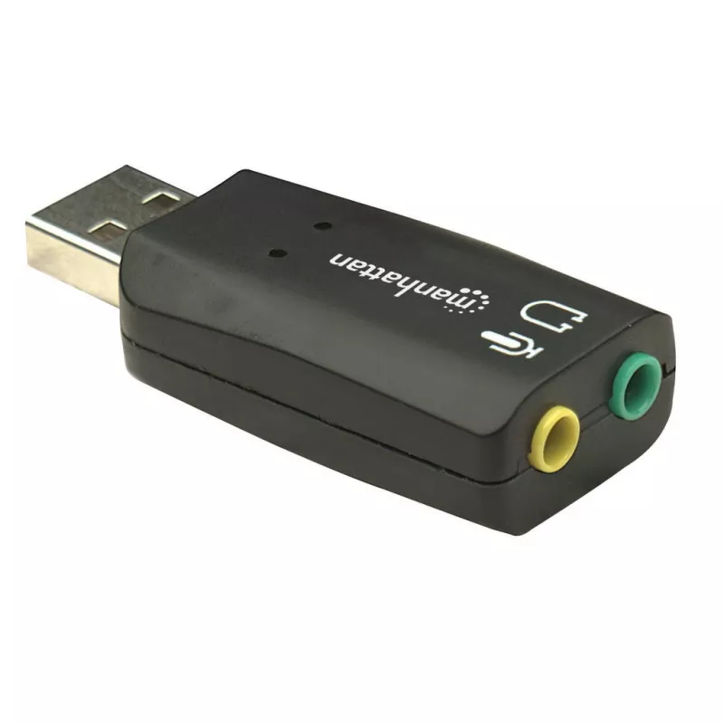 Manhattan USB-A Sound Adapter, USB-A auf 3,5 mm Mikrofon-Eingang und Audio-Ausgang, 480 Mbit/s (USB 2.0), unterstützt 3D und virtuellen 5.1 Surround Sound, Hi-Speed USB, Schwarz, Drei Jahre Garantie