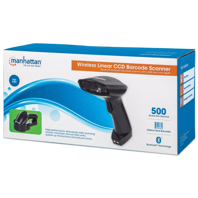 Manhattan Wireless Linear Handheld CCD Barcode Scanner, Bluetooth, 500 mm Scantiefe, bis zu 80 m effektive Reichweite (Sichtlinie), max. Umgebungslicht 100.000 Lux (Sonnenlicht), EU/US/UK/AU austauschbarer Stecker, Schwarz, Drei Jahre Garantie