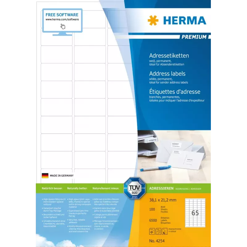 Adressetiketten Premium HERMA A4 38,1x21,2 mm 6500 Stück