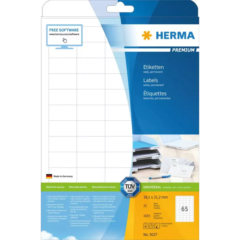 Selbstklebendes Druckeretikett HERMA Labels Premium A4 38,1x21,2 mm