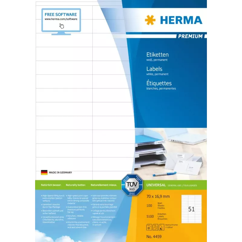 Selbstklebende Druckeretiketten HERMA Premium A4 70x16,9 mm