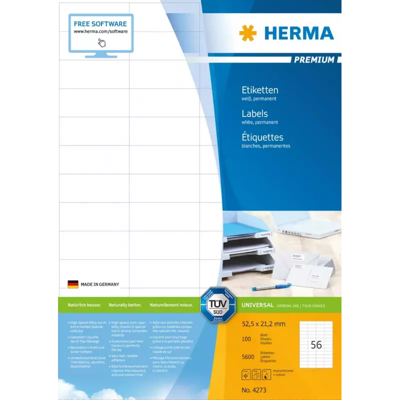 Selbstklebende Druckeretiketten HERMA Labels Premium A4 52,5x21,2 mm