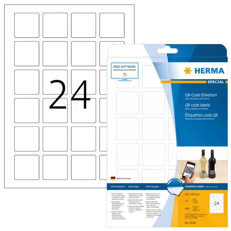 QR-Code-Etiketten HERMA 9642 A4 40x40 mm quadratisch weißes Papier