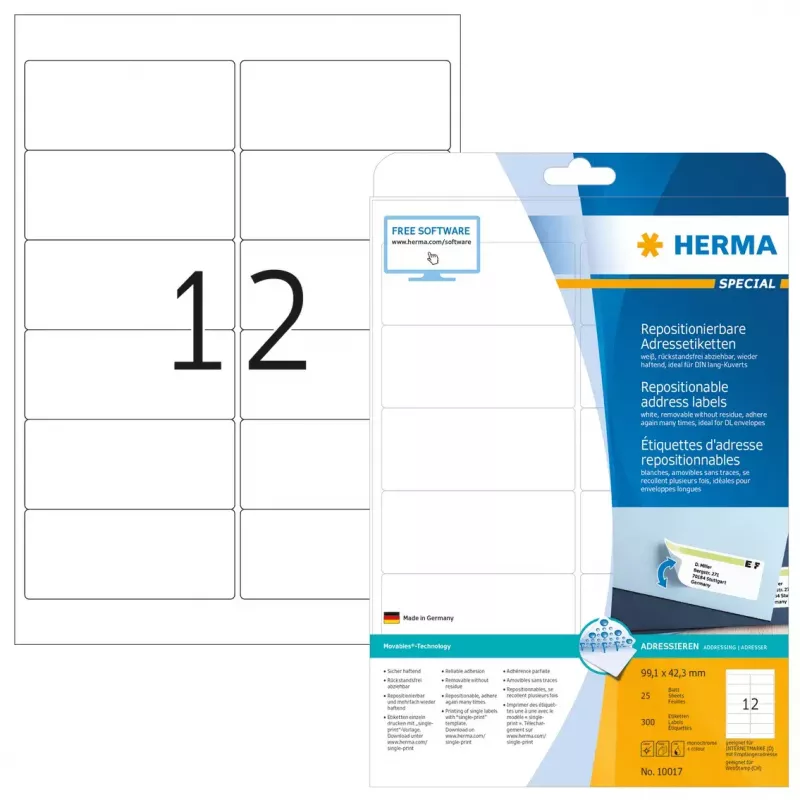 Wiederablösbare Adressetiketten HERMA 10017 A4 99,1x42,3 mm