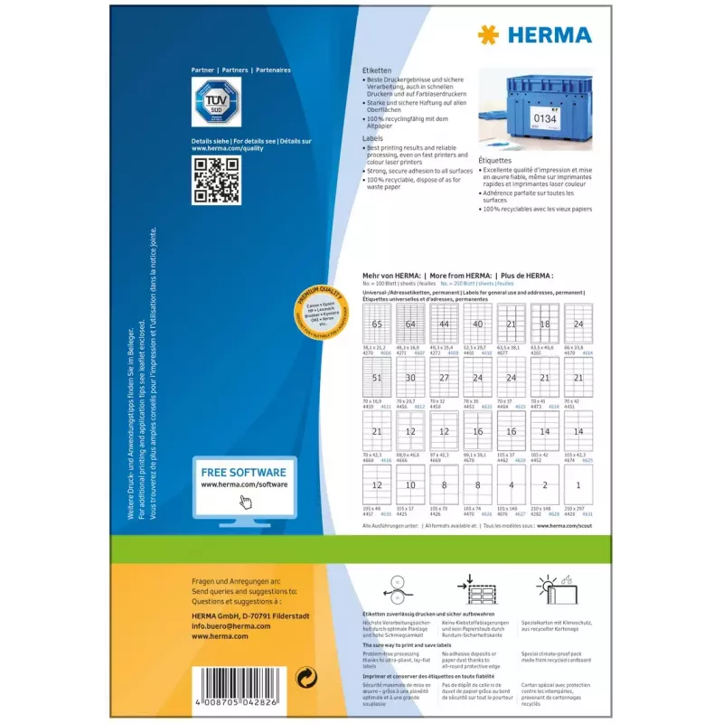 Selbstklebende Druckeretiketten HERMA Labels Premium A4 210x148 mm