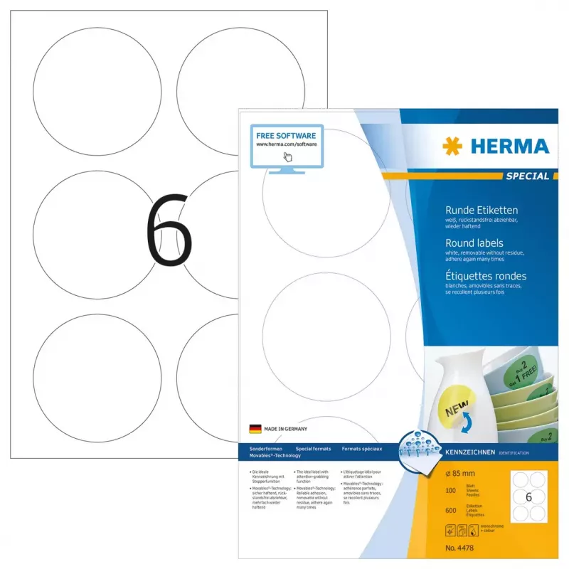 Ablösbare Etiketten HERMA A4 Ø 85 mm rund weiß 600 Stück