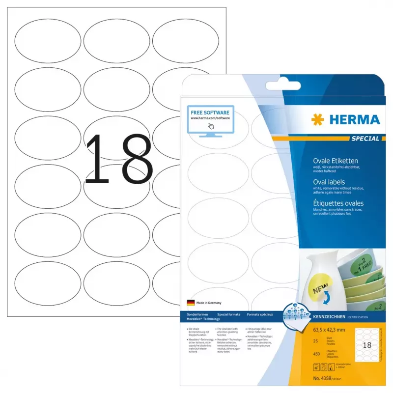 Selbstklebeetiketten HERMA Wiederablösbar A4 63,5x42,3 mm 450 Stück