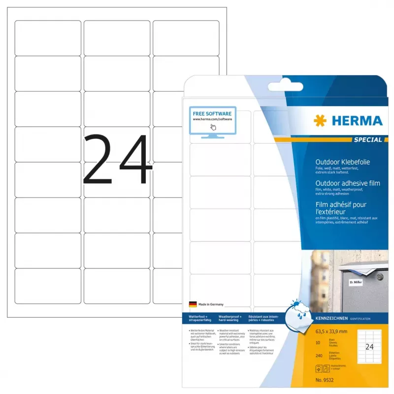 Selbstklebendes Druckeretikett HERMA Labels A4 Outdoor-Folie 63,5x33,9 mm