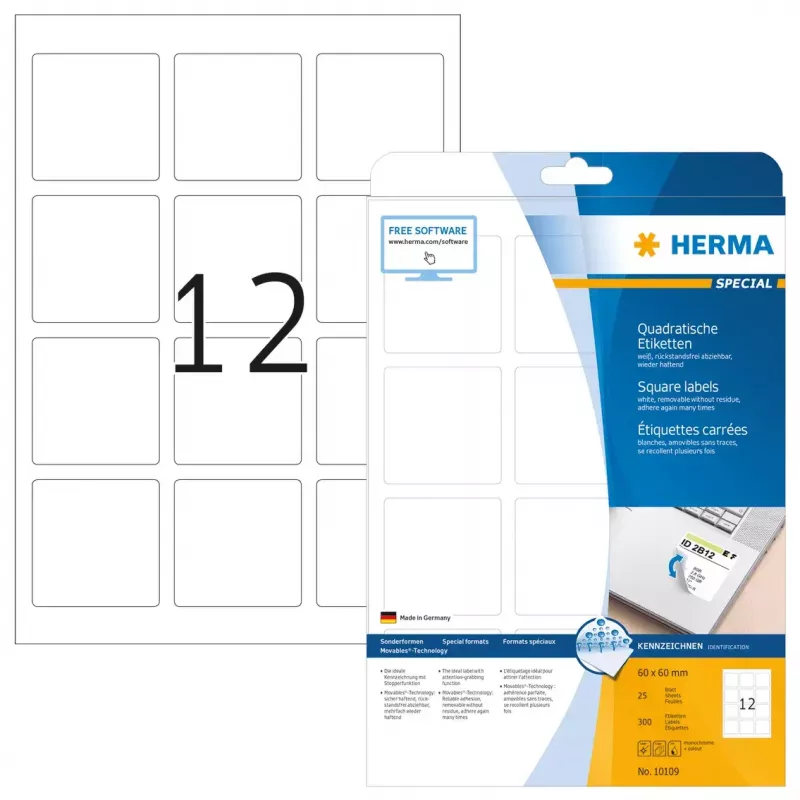 Entfernbare Etiketten HERMA 10109 A4 60x60 mm quadratisch weiß