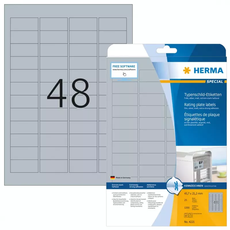 Typenschild-Etiketten HERMA 4221 A4 45,7x21,2 mm silber