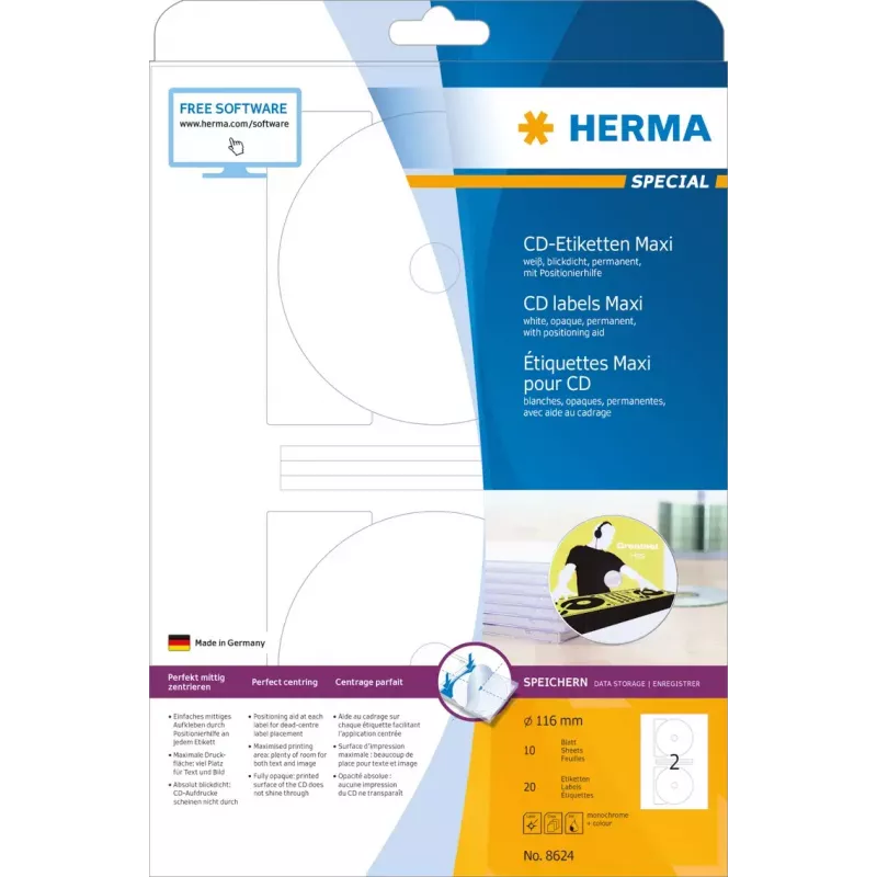 Selbstklebendes Druckeretikett HERMA CD-Etiketten Maxi A4 Ø 116 mm