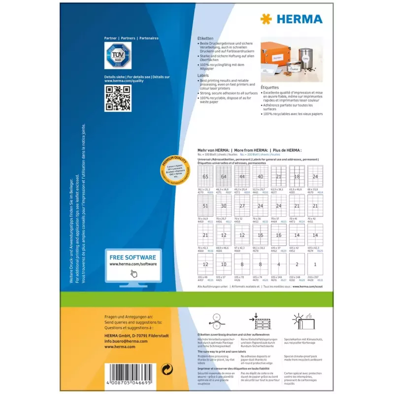 Selbstklebende Druckeretiketten HERMA Labels Premium A4 97x42,3 mm