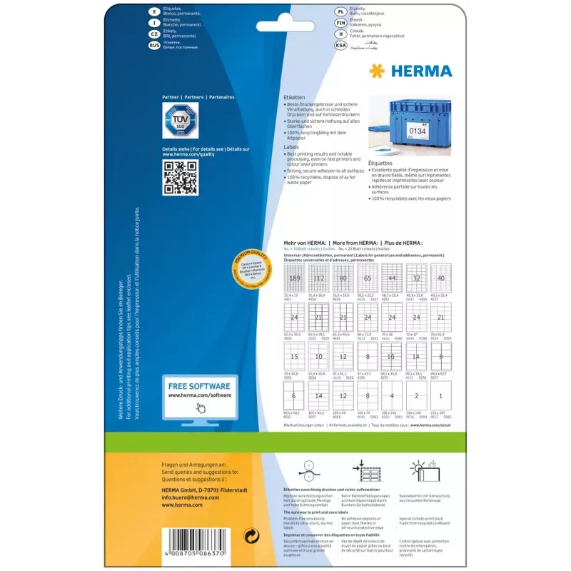 Selbstklebende Druckeretiketten HERMA Labels Premium A4 210x297 mm weiß Papier matt 10 Stück