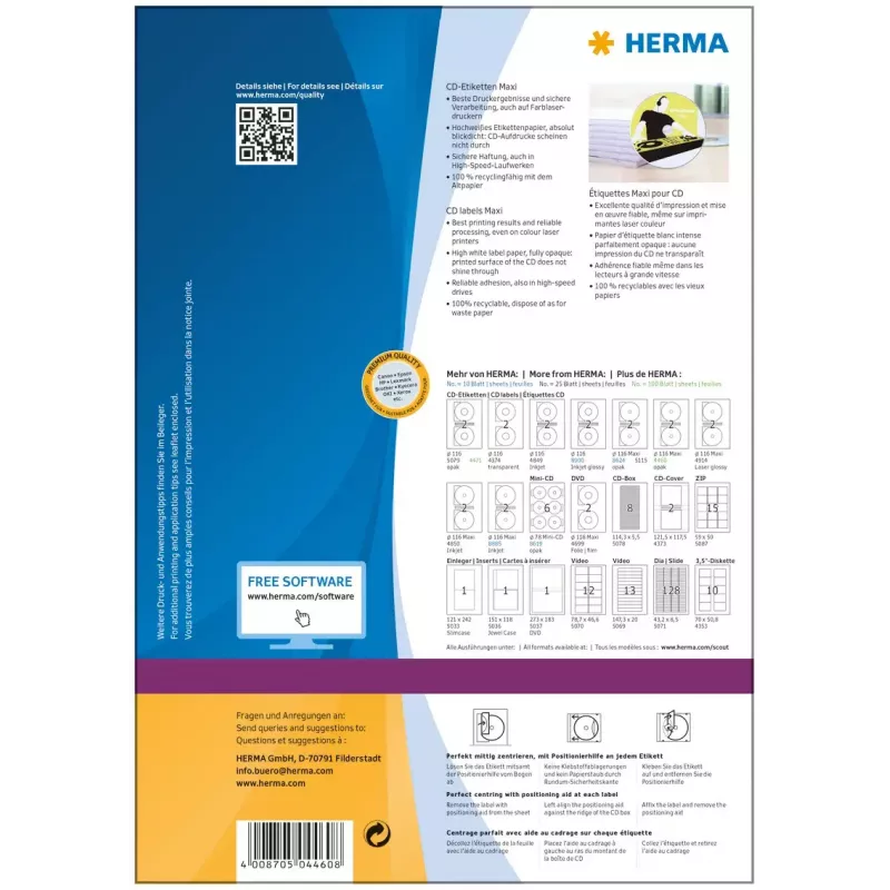 Selbstklebende Druckeretiketten HERMA CD-Etiketten Maxi A4 Ø 116 mm