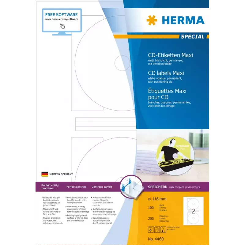 Selbstklebende Druckeretiketten HERMA CD-Etiketten Maxi A4 Ø 116 mm