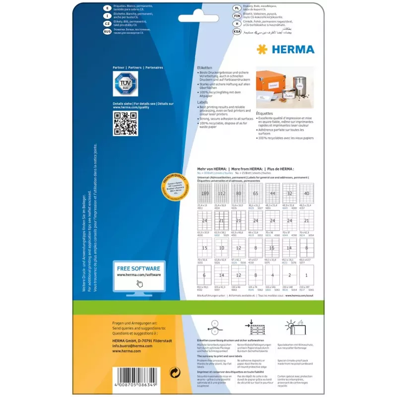 Selbstklebende Druckeretiketten HERMA Labels Premium A4 70x42,3 mm
