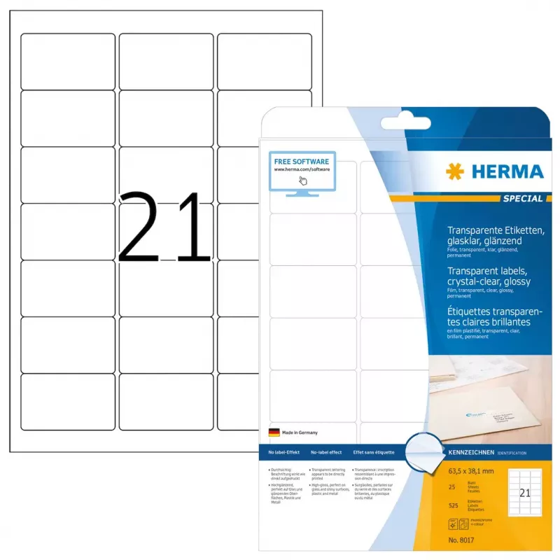 Selbstklebendes Druckeretikett HERMA Etiketten transparent kristallklar A4 63,5x38,1 mm