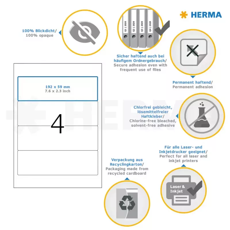 Selbstklebende Druckeretiketten HERMA Ordneretiketten A4 192x59 mm