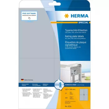Etiketten selbstklebend HERMA Typenschildetiketten A4 105x148 mm silber extra stark haftend Folie matt 100 St.