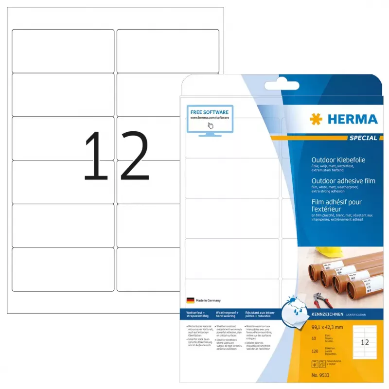 Selbstklebende Druckeretiketten HERMA Labels A4 Outdoor-Folie 99,1x42,3 mm