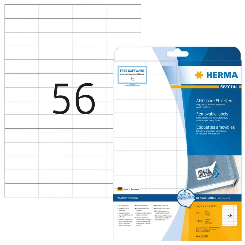 Ablösbare Etiketten HERMA A4 52,5x21,2 mm weiß 1400 Stück