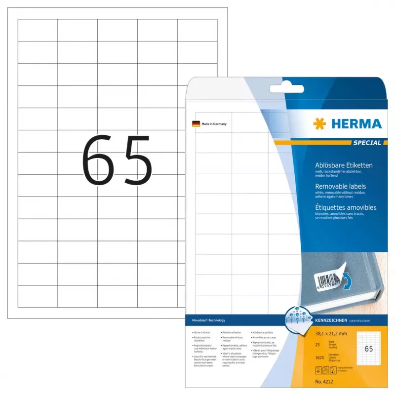 Selbstklebendes Druckeretikett HERMA 1625 Stück A4 38,1x21,2 mm