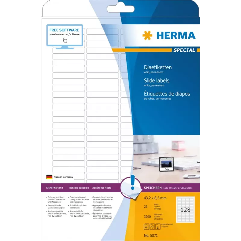 Dia-Etiketten HERMA A4 43,2 x 8,5 mm weißes Papier matt 3200 Stück