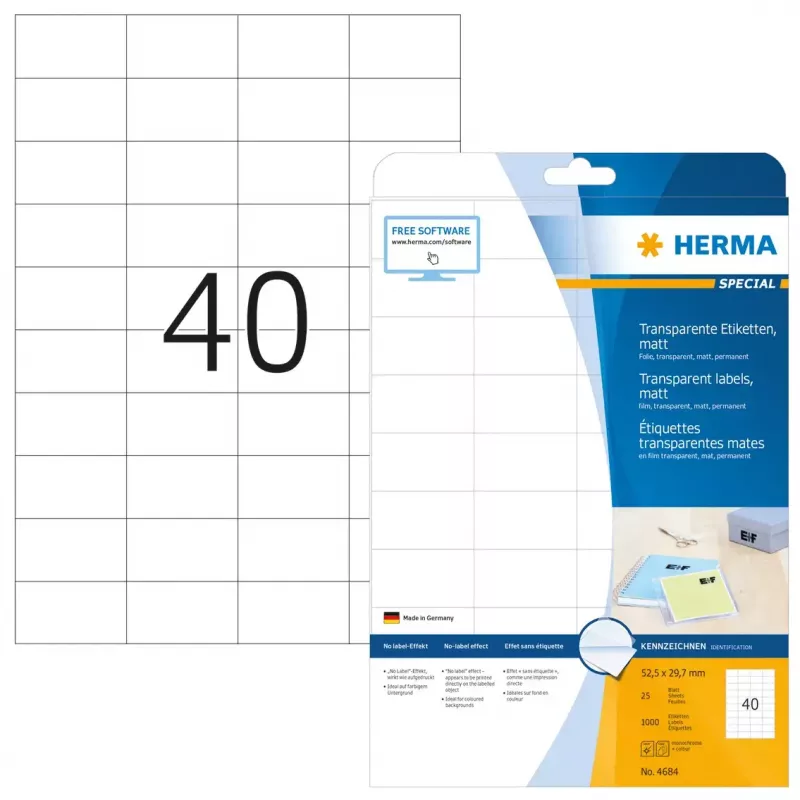 Selbstklebendes Druckeretikett HERMA Labels transparent matt A4 52,5x29,7 mm Folie 1000 Stück