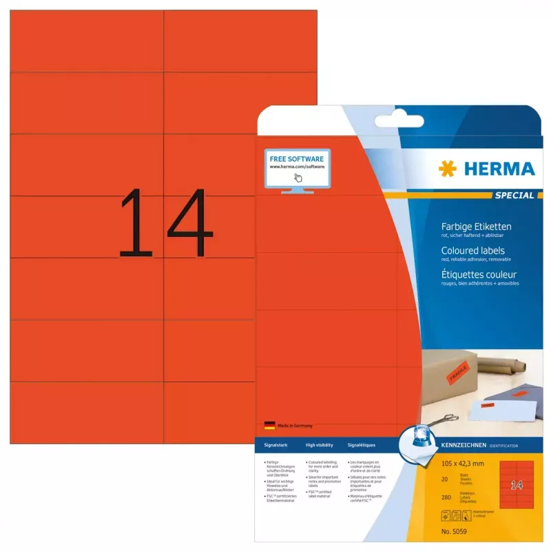 Selbstklebende Druckeretiketten HERMA Farbige Etiketten A4 105x42,3 mm rot