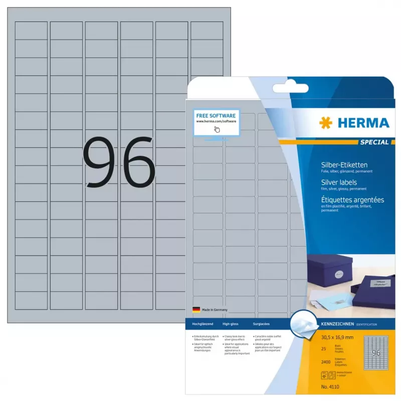 Selbstklebende Druckeretiketten HERMA Labels A4 30,5x16,9 mm silber glänzender Film 2400 Stück