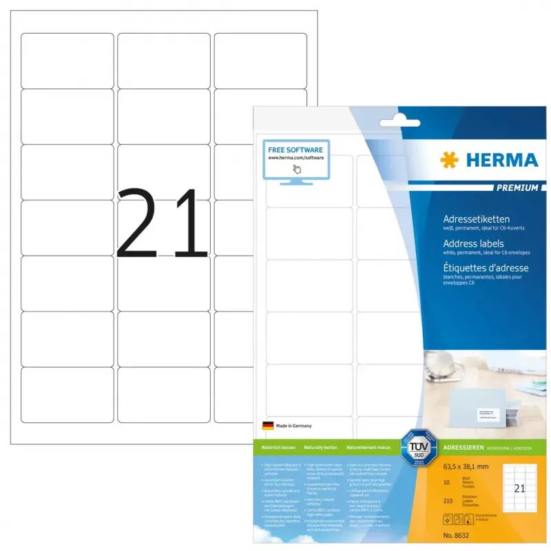 Adressetiketten Premium HERMA A4 63,5x38,1 mm 210 Stück