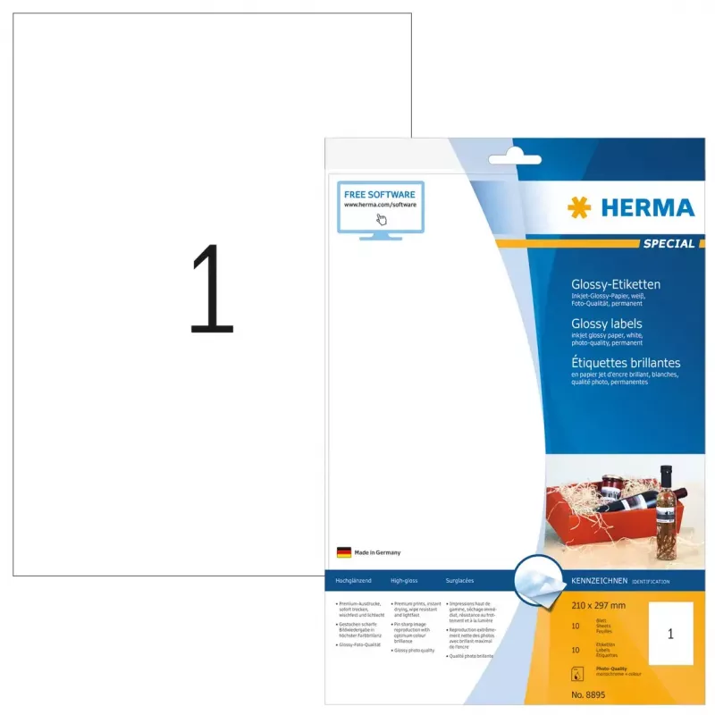 Selbstklebendes Druckeretikett HERMA Inkjet-Glanzetiketten A4 210x297 mm weißes Papier glänzend 10 Stück