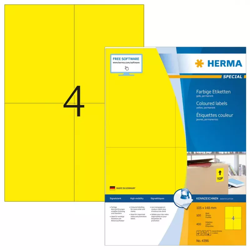 Selbstklebende Druckeretiketten HERMA Coloured Labels A4 105x148 mm gelb Papier matt 400 Stück