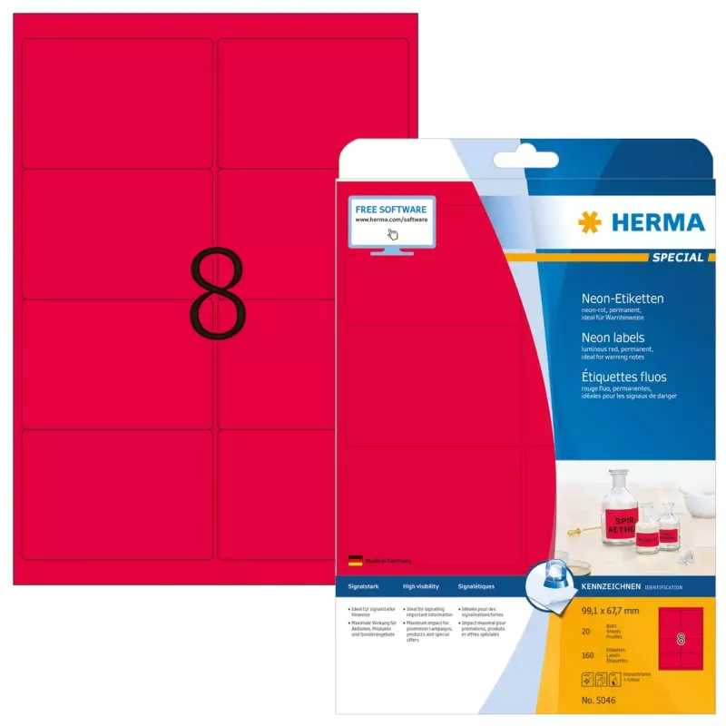 Selbstklebendes Druckeretikett HERMA Neon-Etiketten A4 99,1x67,7 mm
