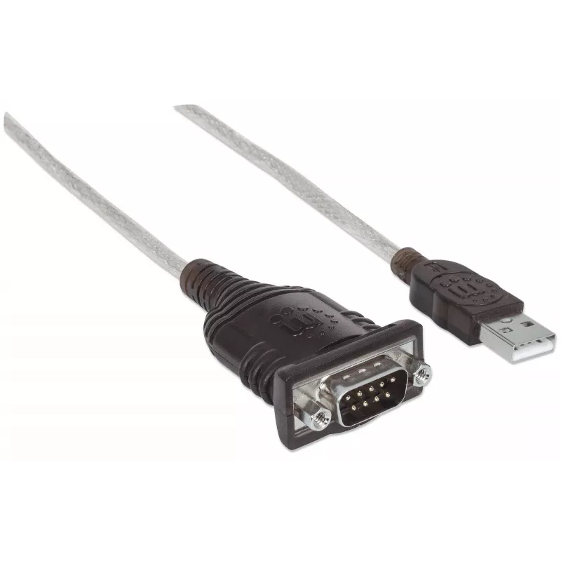 Manhattan USB-A-zu-Seriell-Konverterkabel, 45 cm, Stecker auf Stecker, Seriell/RS232/COM/DB9, FTDI FT232RL-Chip, Windows 11-kompatibel (plus vorherige Betriebssysteme), Schwarz/Silber-Kabel, drei Jahre Garantie, entspricht ICUSB2321F.